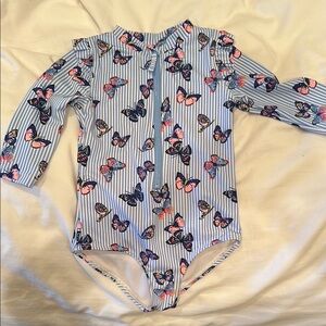 Striped Butterfly Print 3/4 Sleeve Swimsuit